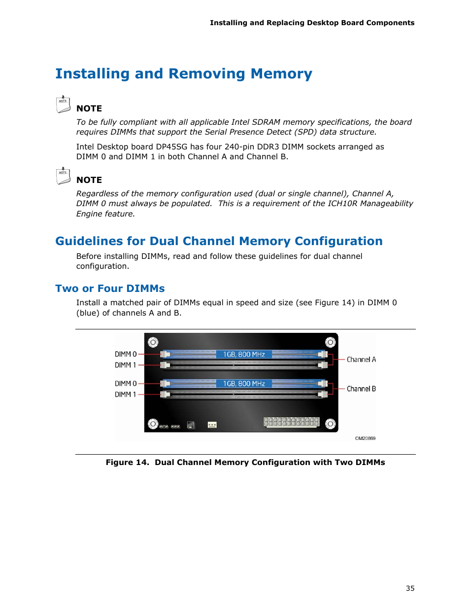 Installing and removing memory, Guidelines for dual channel memory configuration | Intel DP45SG User Manual | Page 35 / 86
