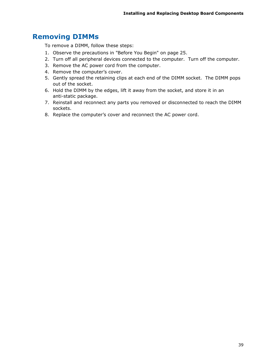 Removing dimms | Intel DP45SG User Manual | Page 39 / 86