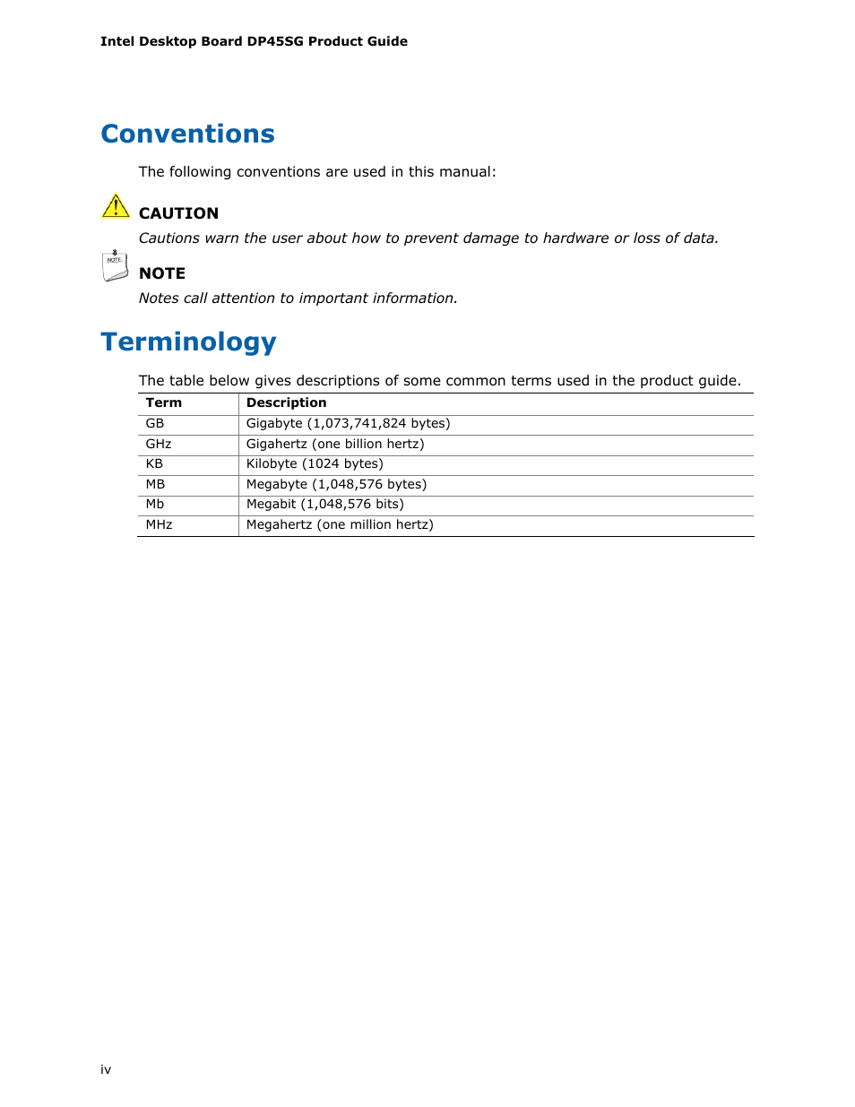 Conventions, Terminology | Intel DP45SG User Manual | Page 4 / 86
