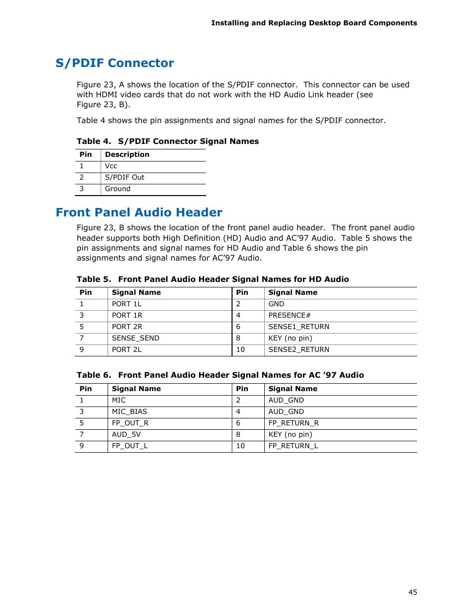 S/pdif connector, Front panel audio header | Intel DP45SG User Manual | Page 45 / 86