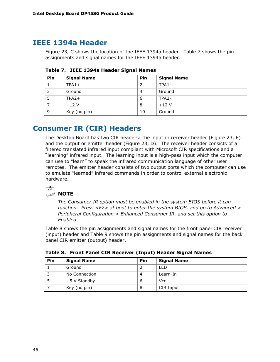 Ieee 1394a header, Consumer ir (cir) headers | Intel DP45SG User Manual | Page 46 / 86