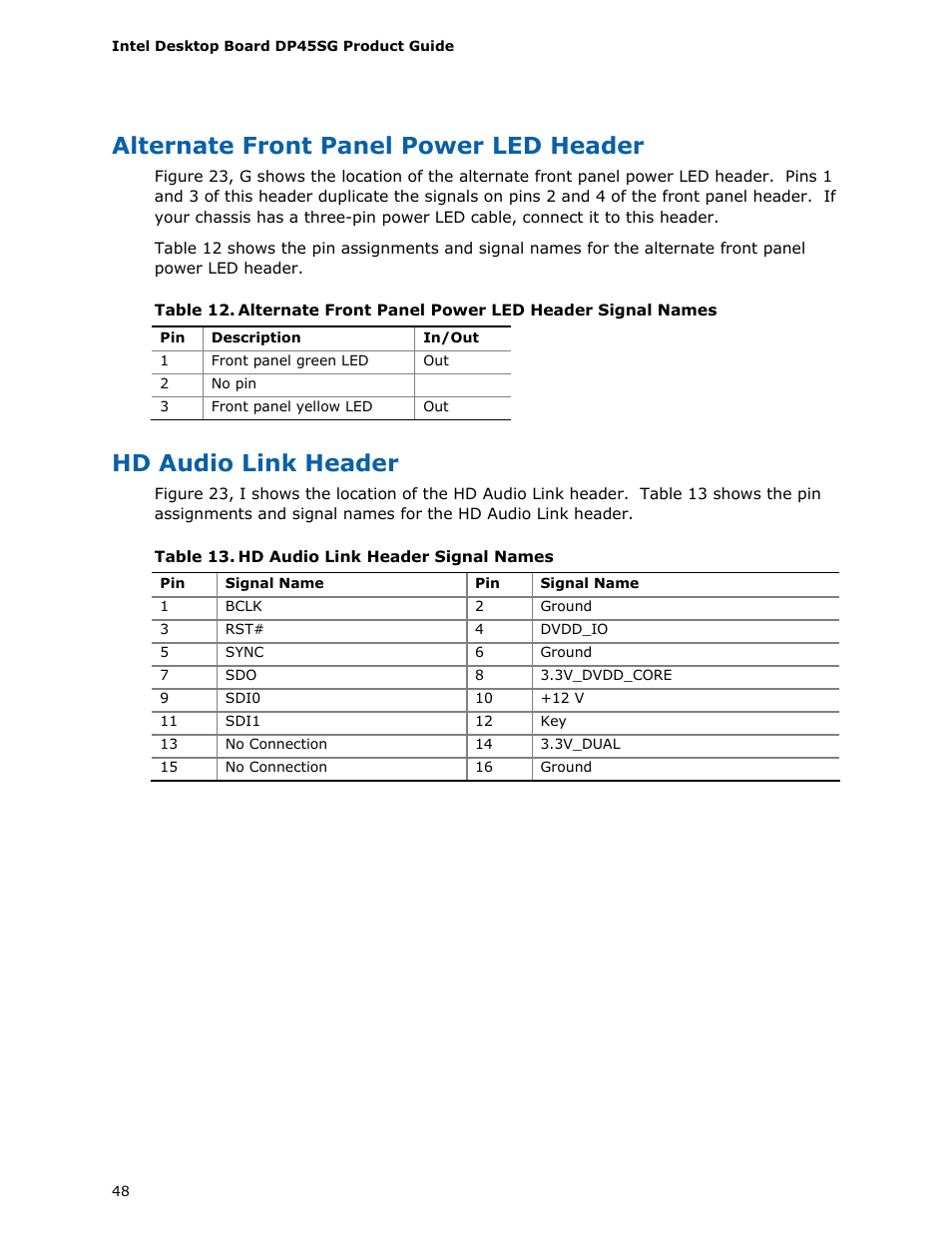 Alternate front panel power led header, Hd audio link header | Intel DP45SG User Manual | Page 48 / 86