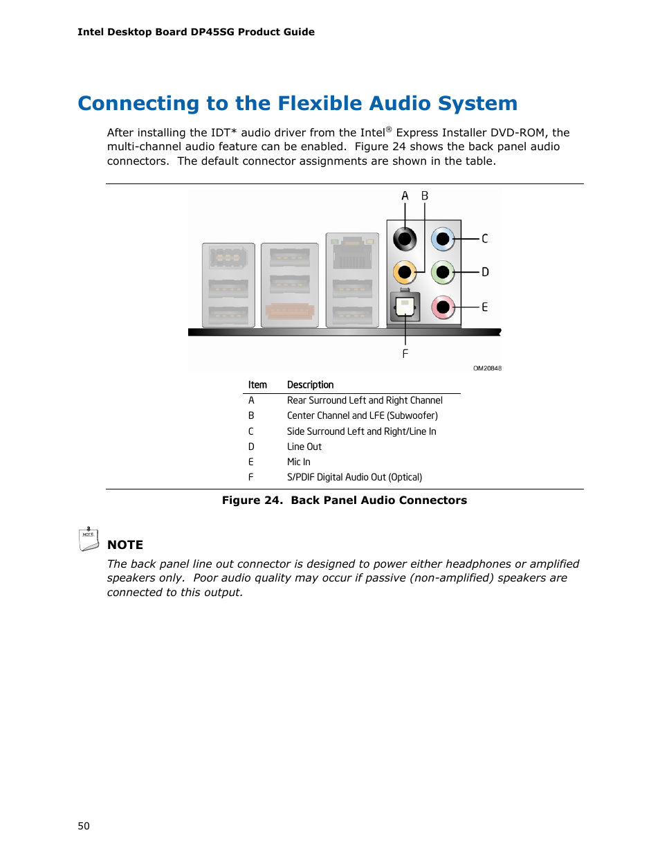 Connecting to the flexible audio system, Figure 24 o | Intel DP45SG User Manual | Page 50 / 86