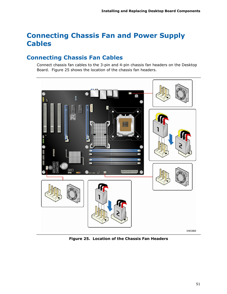 Connecting chassis fan and power supply cables, Connecting chassis fan cables | Intel DP45SG User Manual | Page 51 / 86