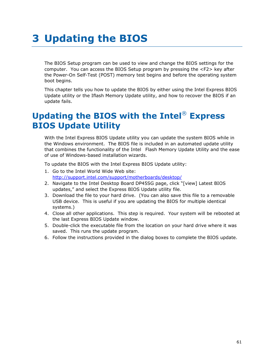 3 updating the bios, Updating the bios with the intel, Express bios update utility | Intel DP45SG User Manual | Page 61 / 86