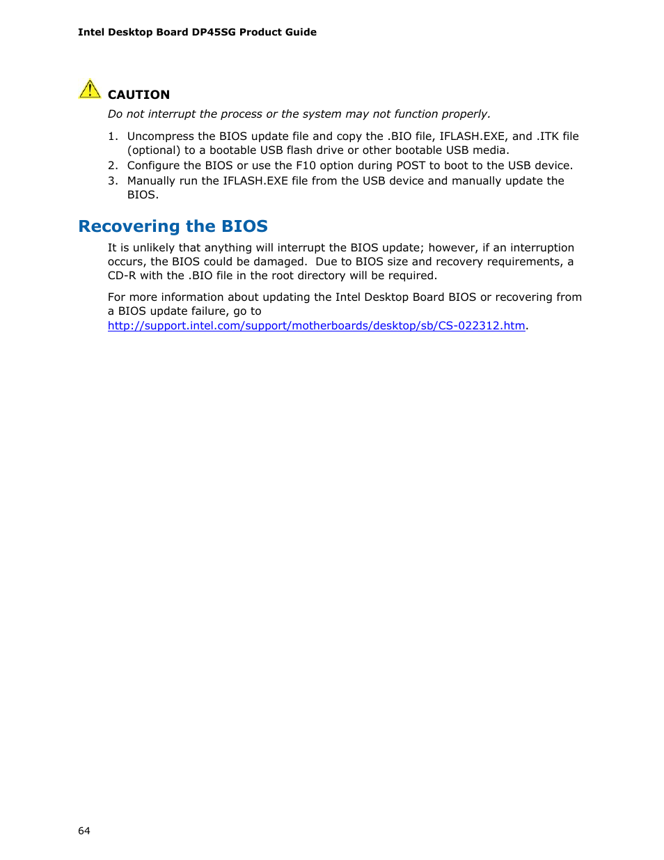 Recovering the bios | Intel DP45SG User Manual | Page 64 / 86