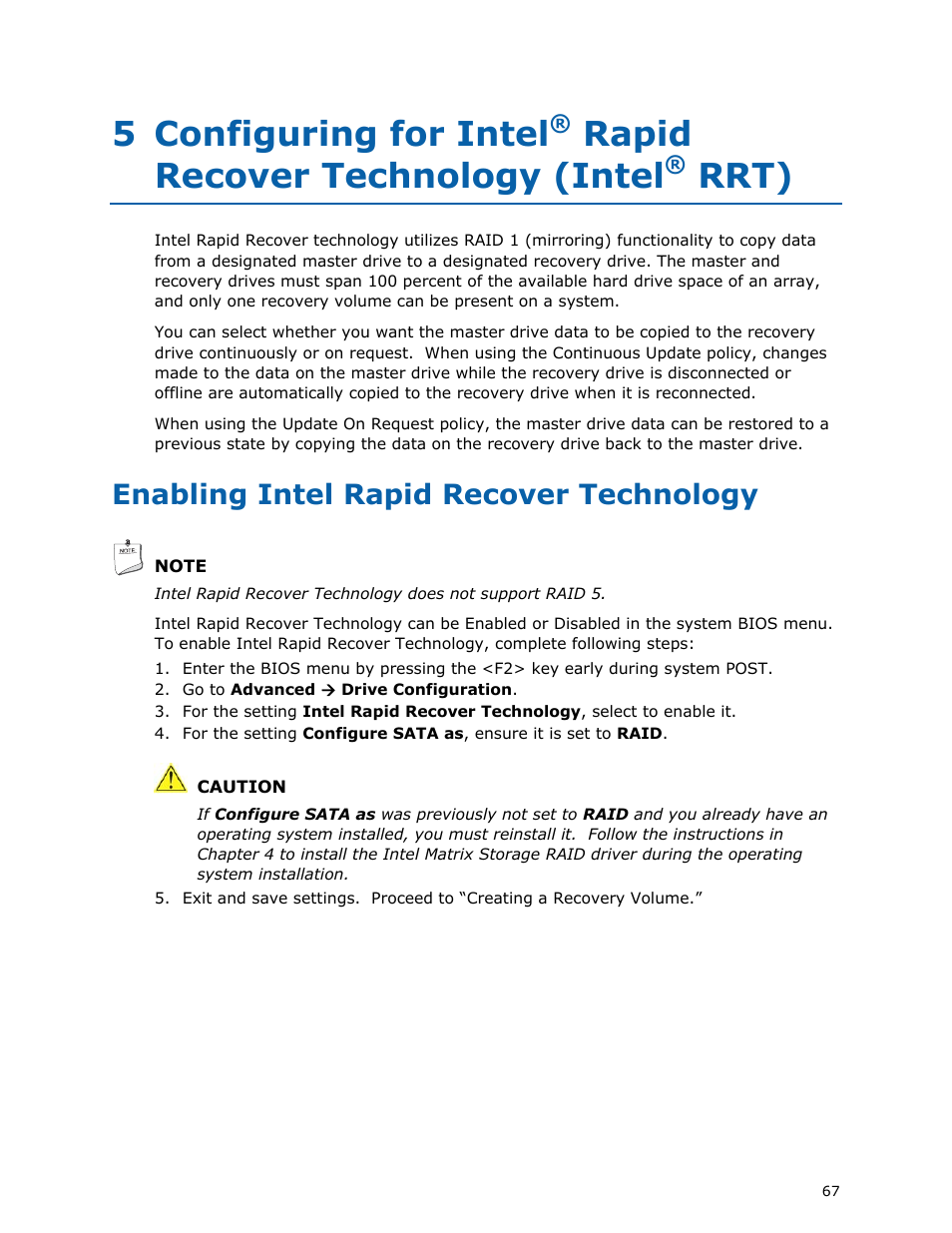 Enabling intel rapid recover technology, 5 configuring for intel, Rapid recover technology (intel | Rrt) | Intel DP45SG User Manual | Page 67 / 86
