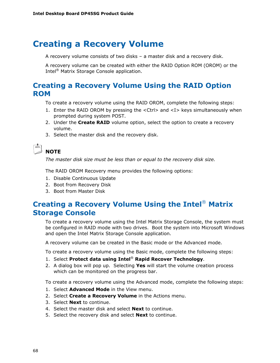Creating a recovery volume, Creating a recovery volume using the intel, Matrix storage console | Intel DP45SG User Manual | Page 68 / 86