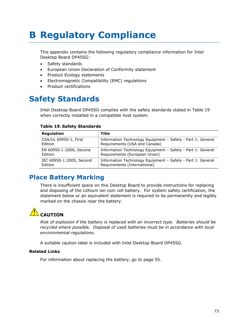 B regulatory compliance, Safety standards, Place battery marking | Intel DP45SG User Manual | Page 73 / 86