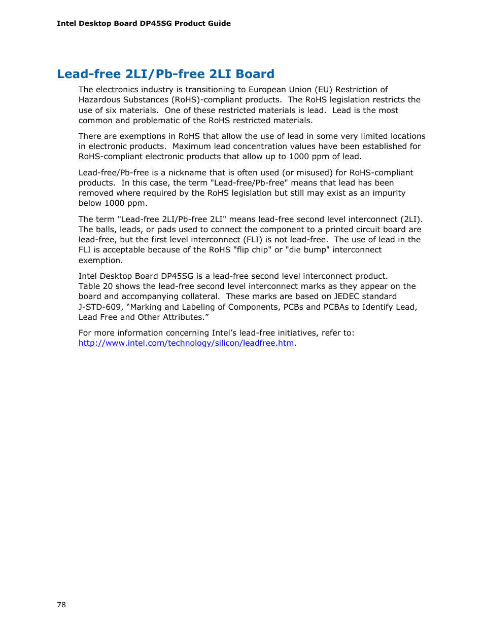Lead-free 2li/pb-free 2li board | Intel DP45SG User Manual | Page 78 / 86