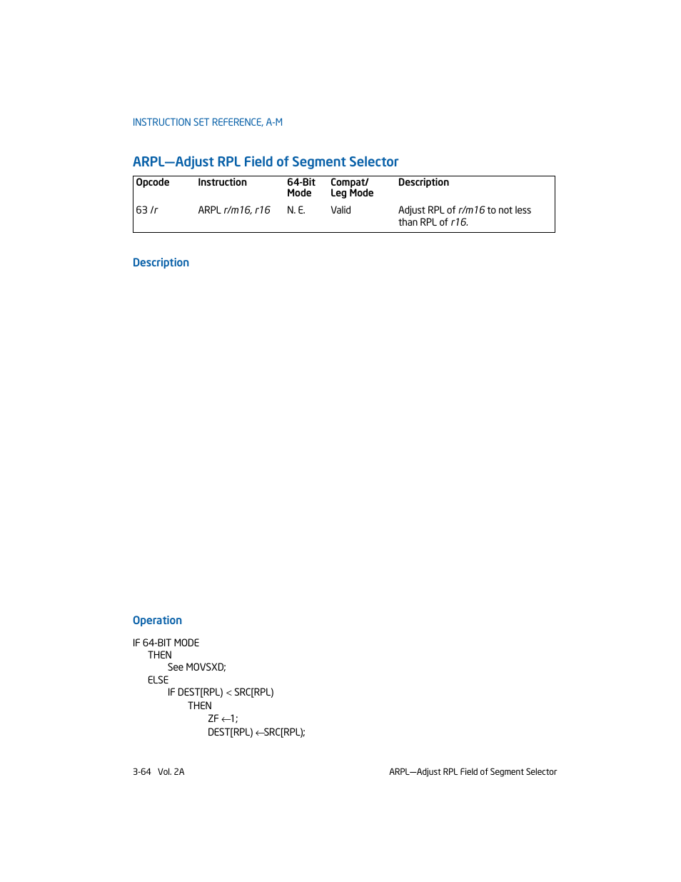 Arpl-adjust rpl field of segment selector, Arpl—adjust rpl field of segment selector | Intel 253666-024US User Manual | Page 110 / 760