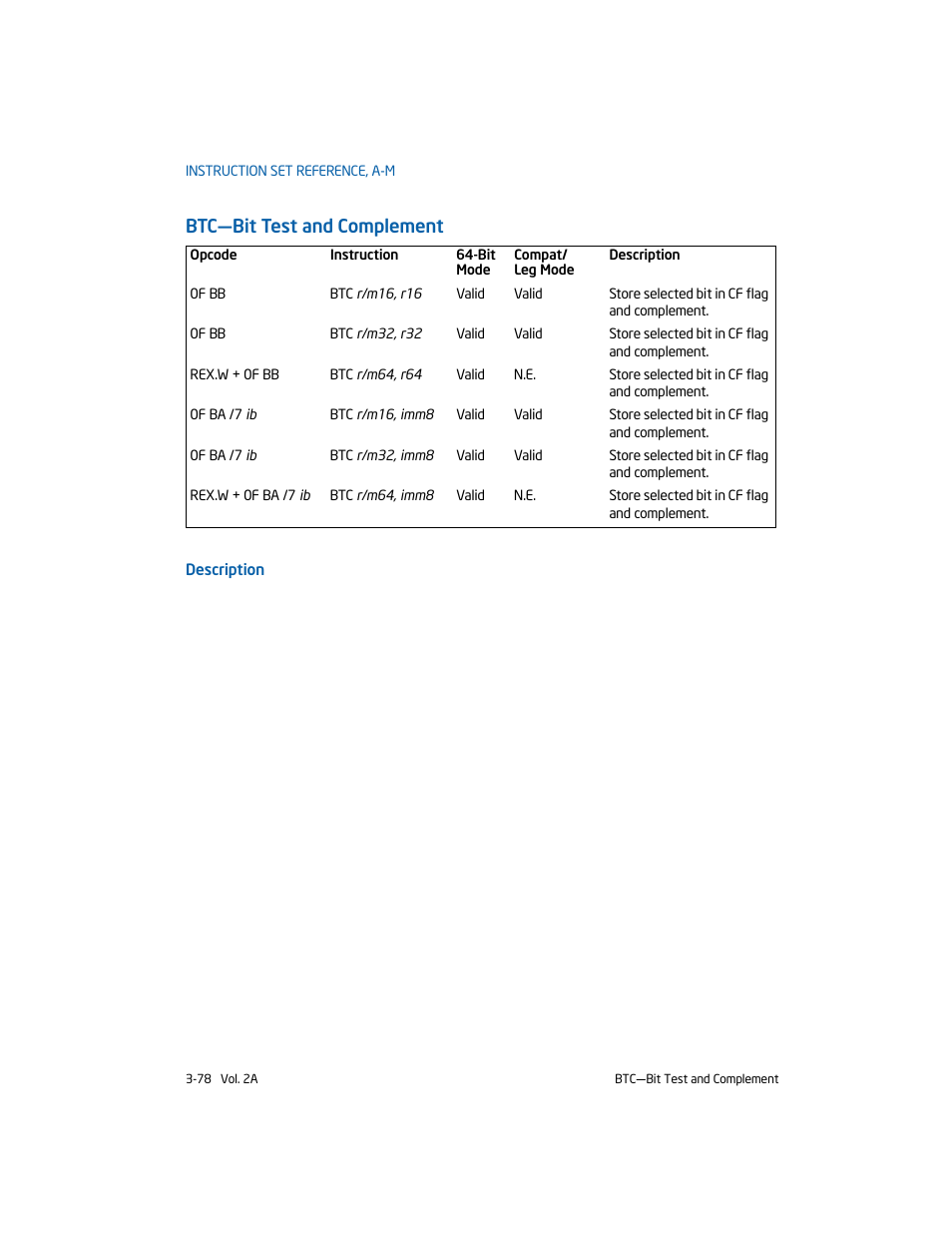 Btc-bit test and complement, Btc—bit test and complement | Intel 253666-024US User Manual | Page 124 / 760