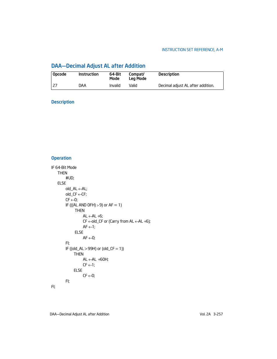Daa-decimal adjust al after addition, Daa—decimal adjust al after addition | Intel 253666-024US User Manual | Page 303 / 760