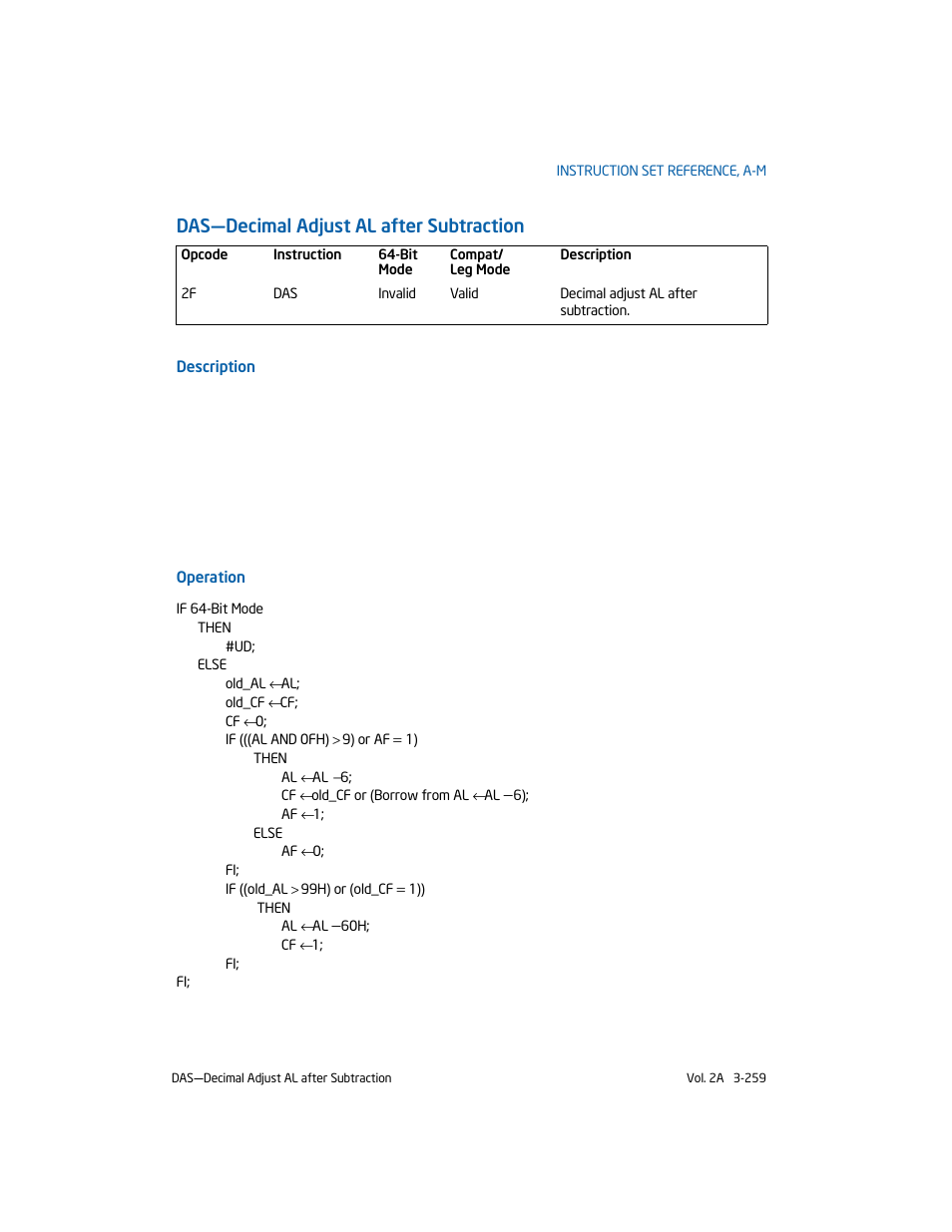 Das-decimal adjust al after subtraction, Das—decimal adjust al after subtraction | Intel 253666-024US User Manual | Page 305 / 760