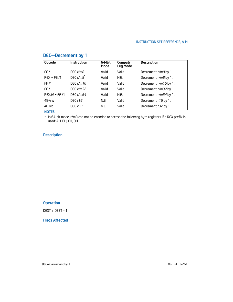 Dec-decrement by 1, Dec—decrement by 1 | Intel 253666-024US User Manual | Page 307 / 760