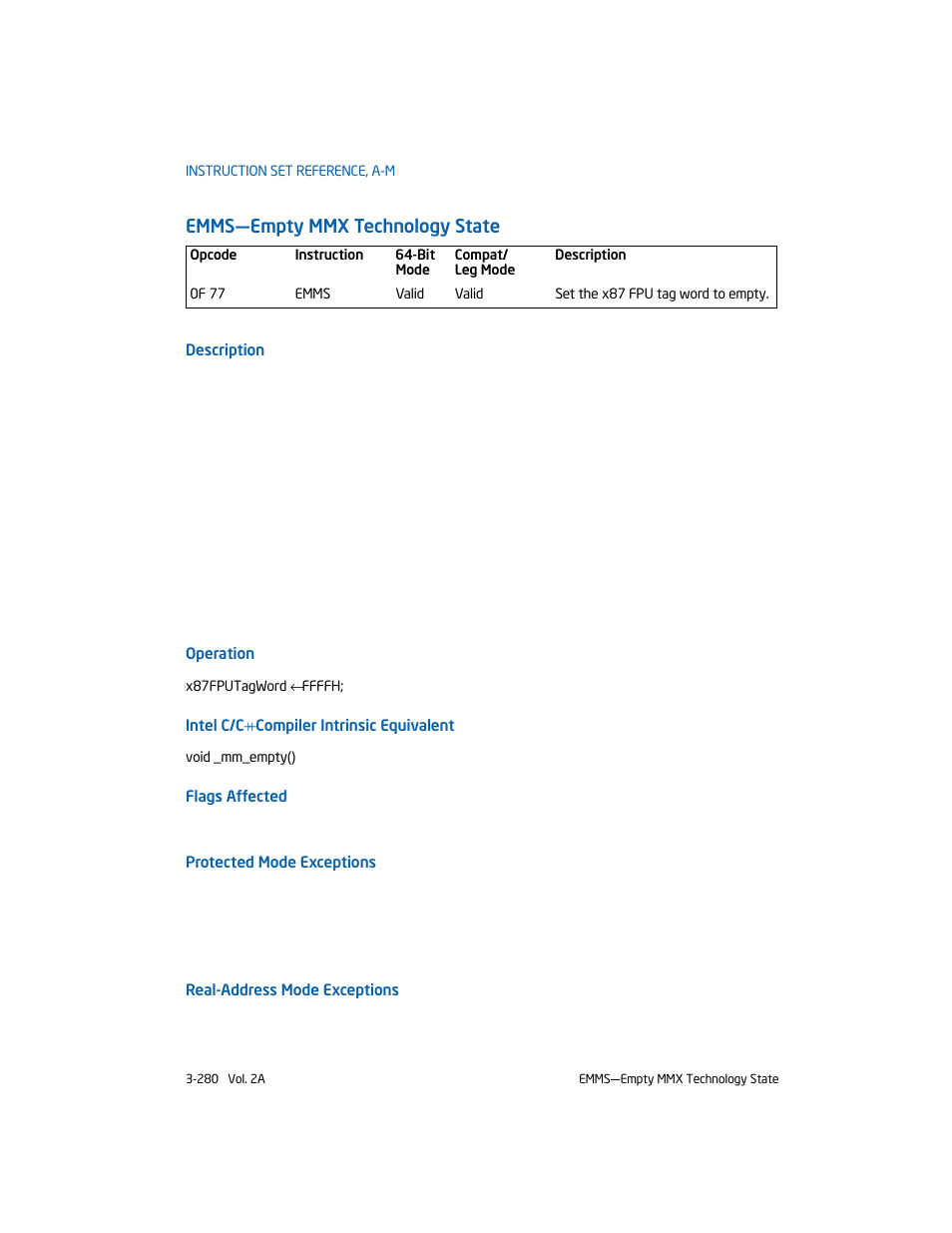 Emms-empty mmx technology state, Emms—empty mmx technology state | Intel 253666-024US User Manual | Page 326 / 760