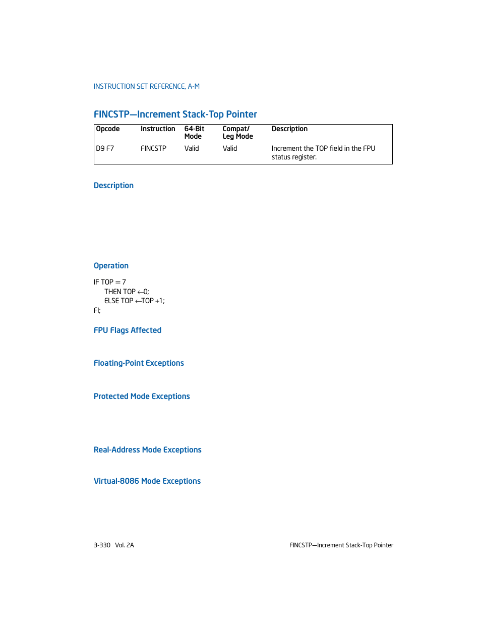 Fincstp-increment stack-top pointer, Fincstp—increment stack-top pointer | Intel 253666-024US User Manual | Page 376 / 760