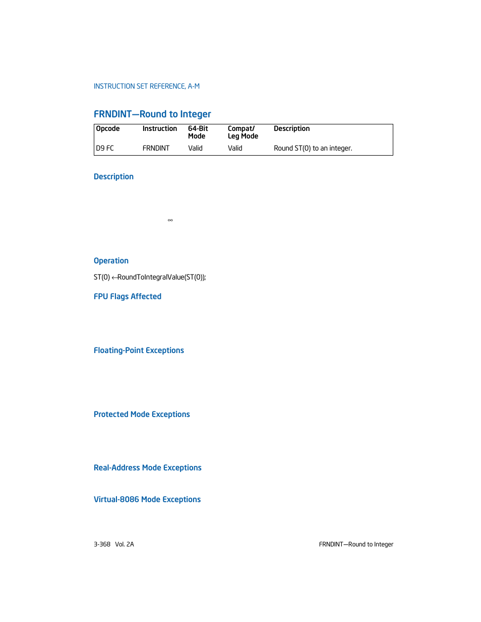 Frndint-round to integer, Frndint—round to integer | Intel 253666-024US User Manual | Page 414 / 760