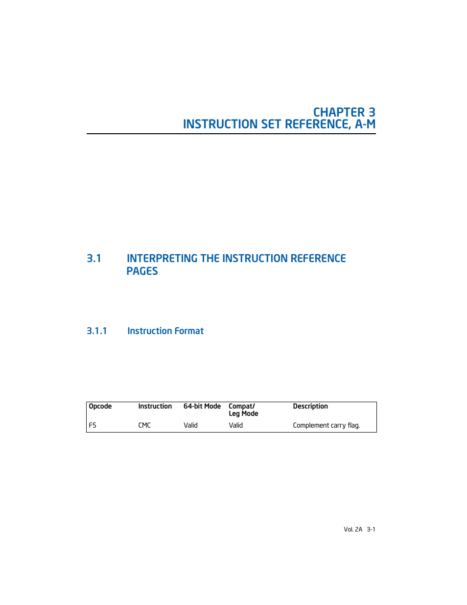Chapter 3 instruction set reference, a-m, 1 instruction format, 1 interpreting the instruction reference pages | Intel 253666-024US User Manual | Page 47 / 760