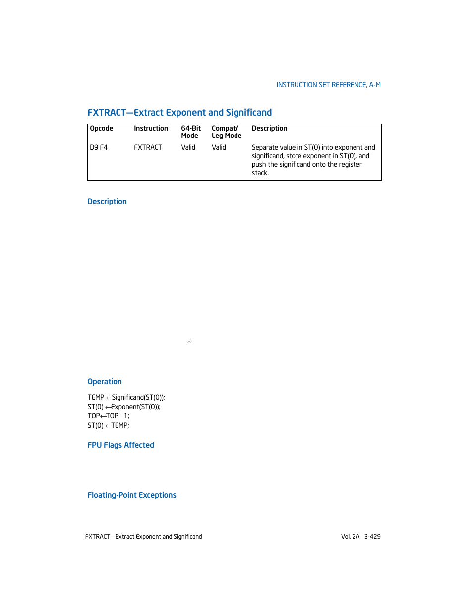 Fxtract-extract exponent and significand, Fxtract—extract exponent and significand | Intel 253666-024US User Manual | Page 475 / 760
