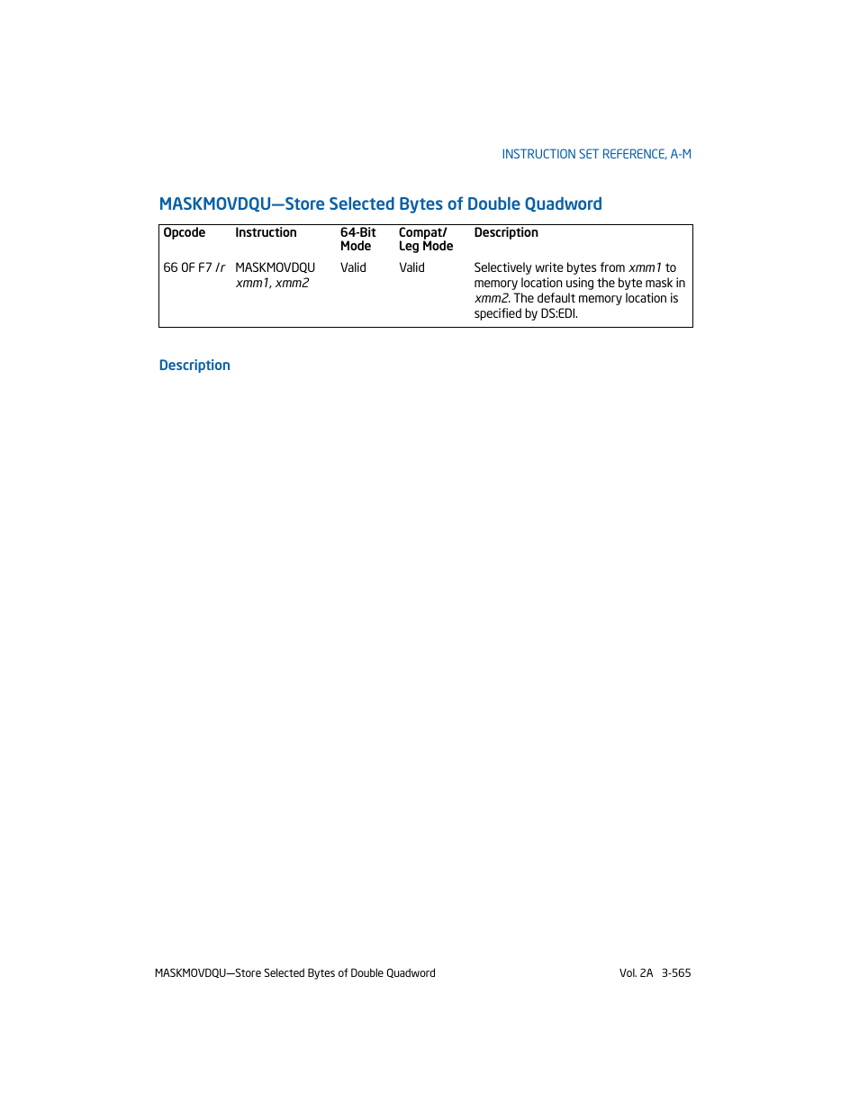 Maskmovdqu-store selected bytes of double quadword | Intel 253666-024US User Manual | Page 611 / 760
