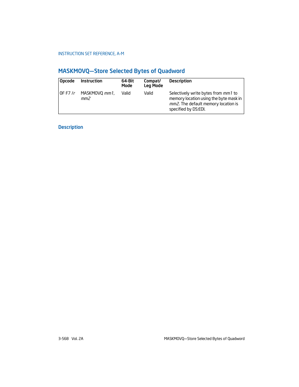Maskmovq-store selected bytes of quadword | Intel 253666-024US User Manual | Page 614 / 760