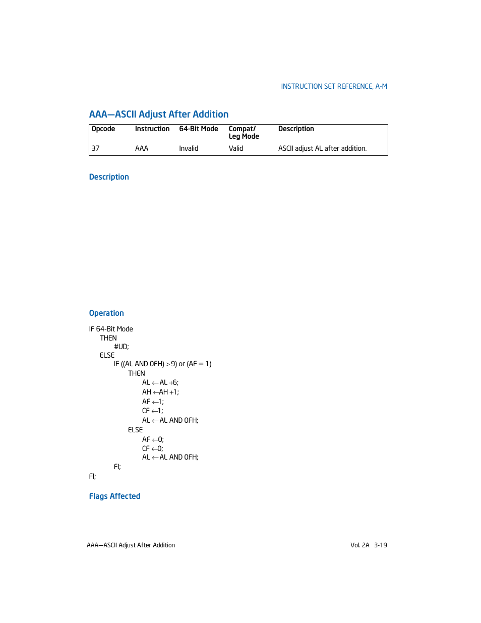Aaa-ascii adjust after addition, Aaa—ascii adjust after addition | Intel 253666-024US User Manual | Page 65 / 760