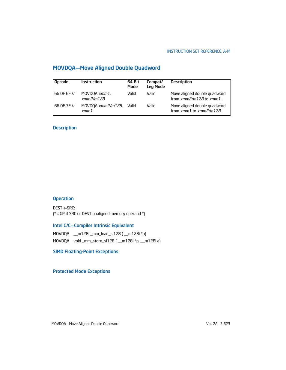 Movdqa-move aligned double quadword, Movdqa—move aligned double quadword | Intel 253666-024US User Manual | Page 669 / 760