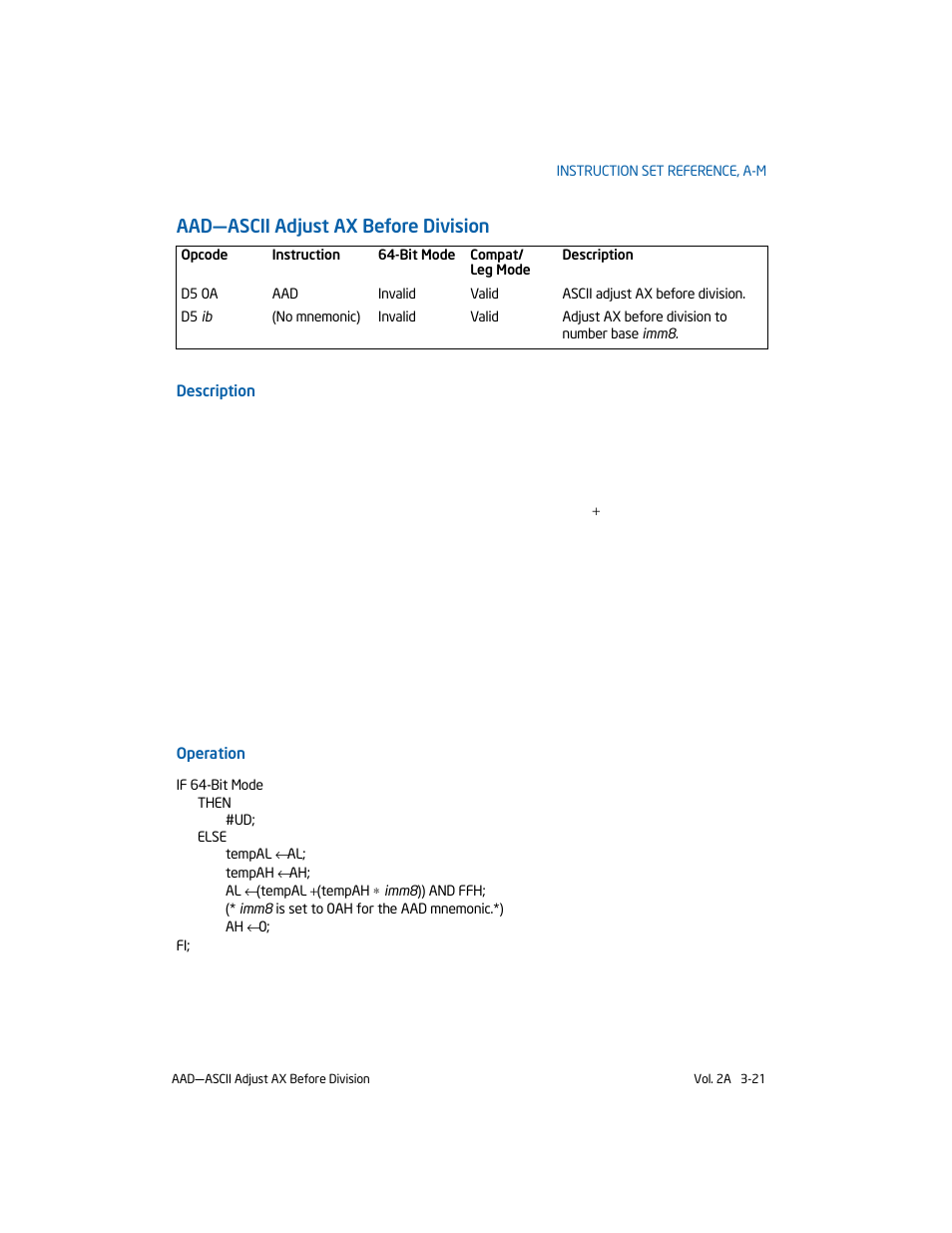 Aad-ascii adjust ax before division, Aad—ascii adjust ax before division | Intel 253666-024US User Manual | Page 67 / 760