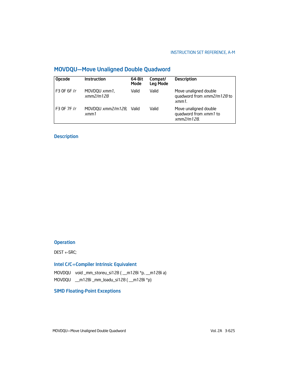 Movdqu-move unaligned double quadword, Movdqu—move unaligned double quadword | Intel 253666-024US User Manual | Page 671 / 760