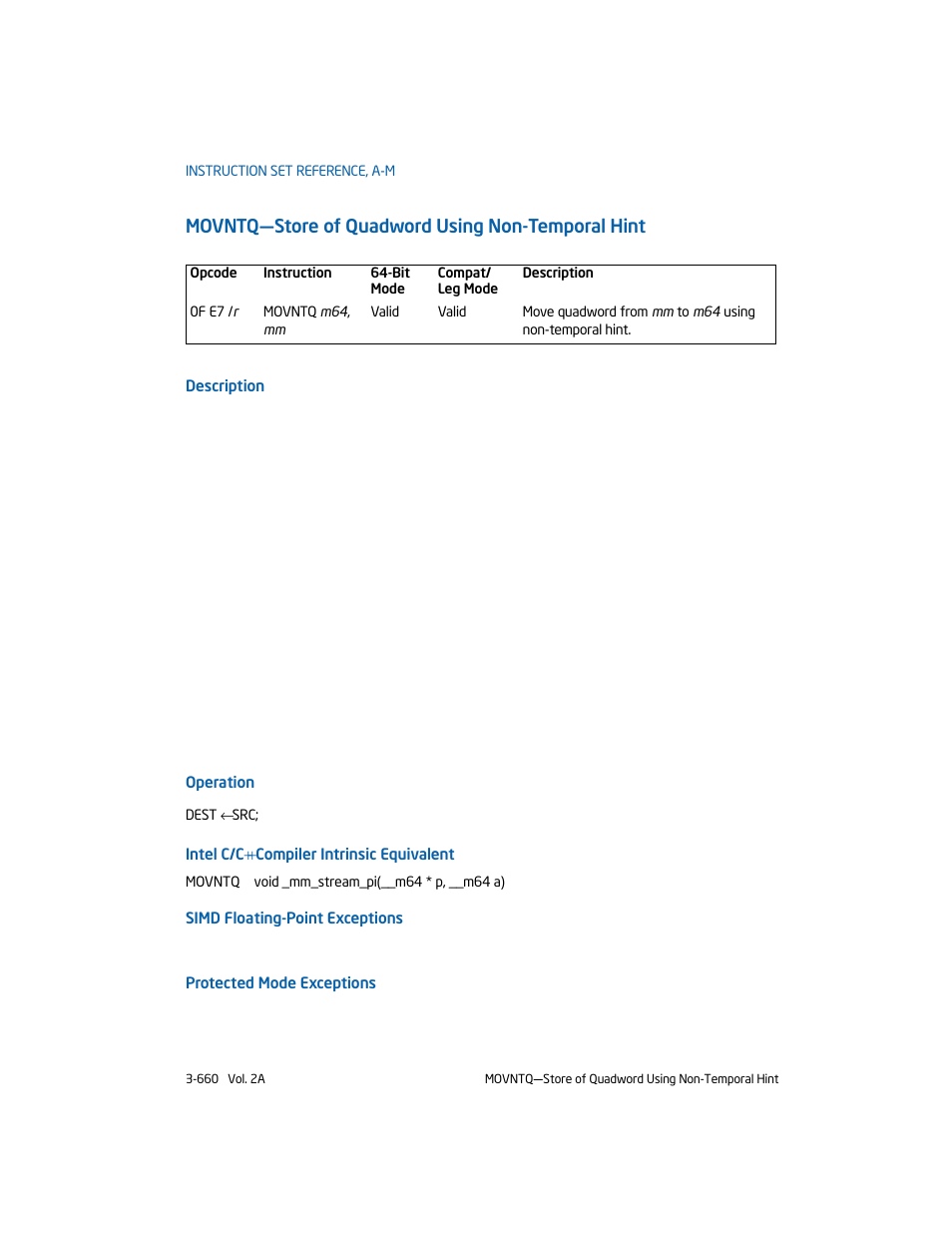 Movntq-store of quadword using non-temporal hint, Movntq—store of quadword using non-temporal hint | Intel 253666-024US User Manual | Page 706 / 760