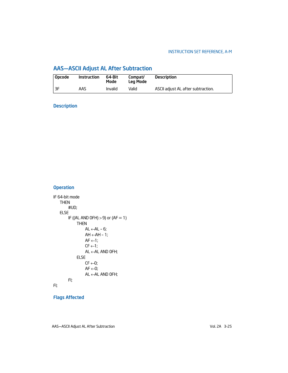 Aas-ascii adjust al after subtraction, Aas—ascii adjust al after subtraction | Intel 253666-024US User Manual | Page 71 / 760