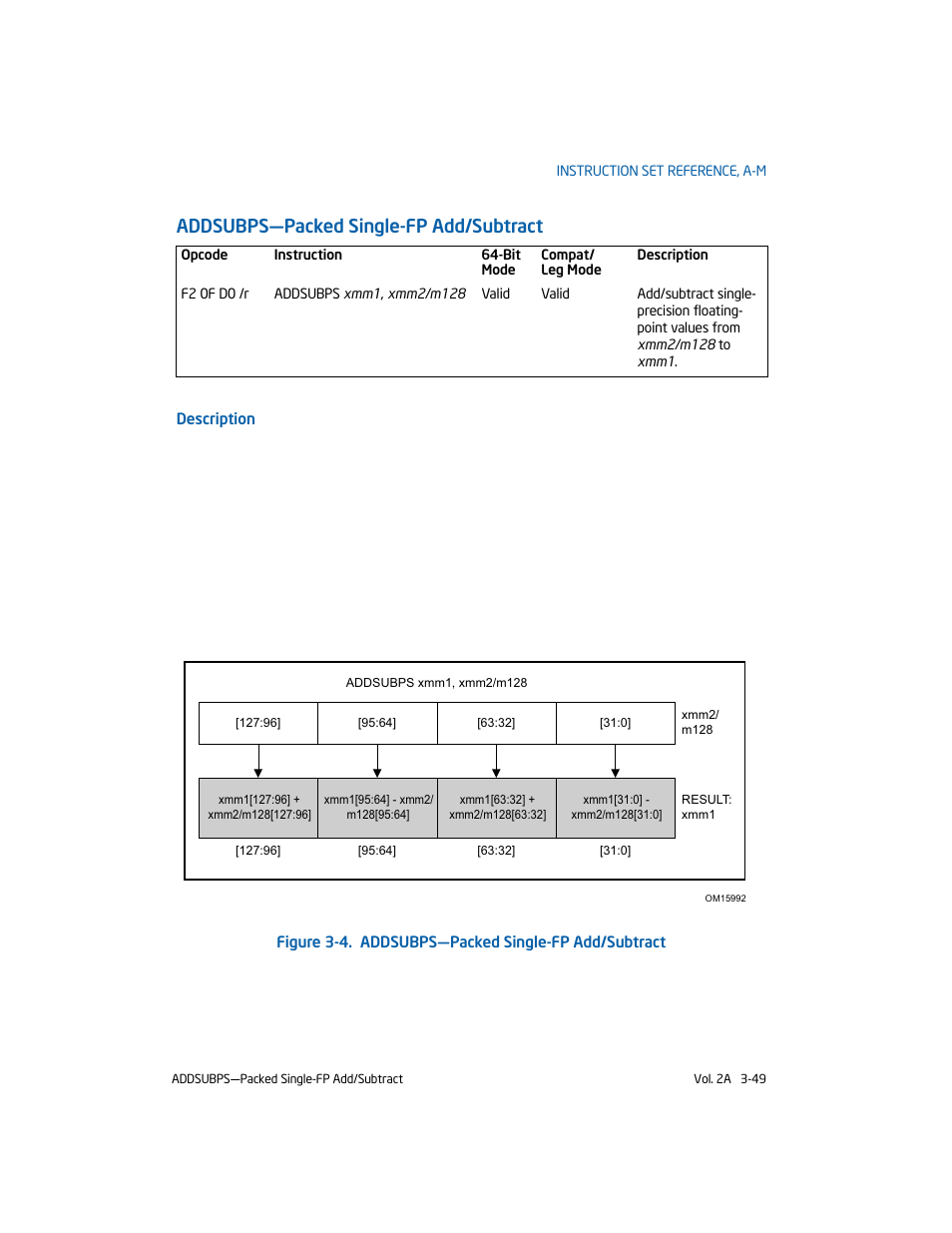 Addsubps-packed single-fp add/subtract, Addsubps—packed single-fp add/subtract | Intel 253666-024US User Manual | Page 95 / 760