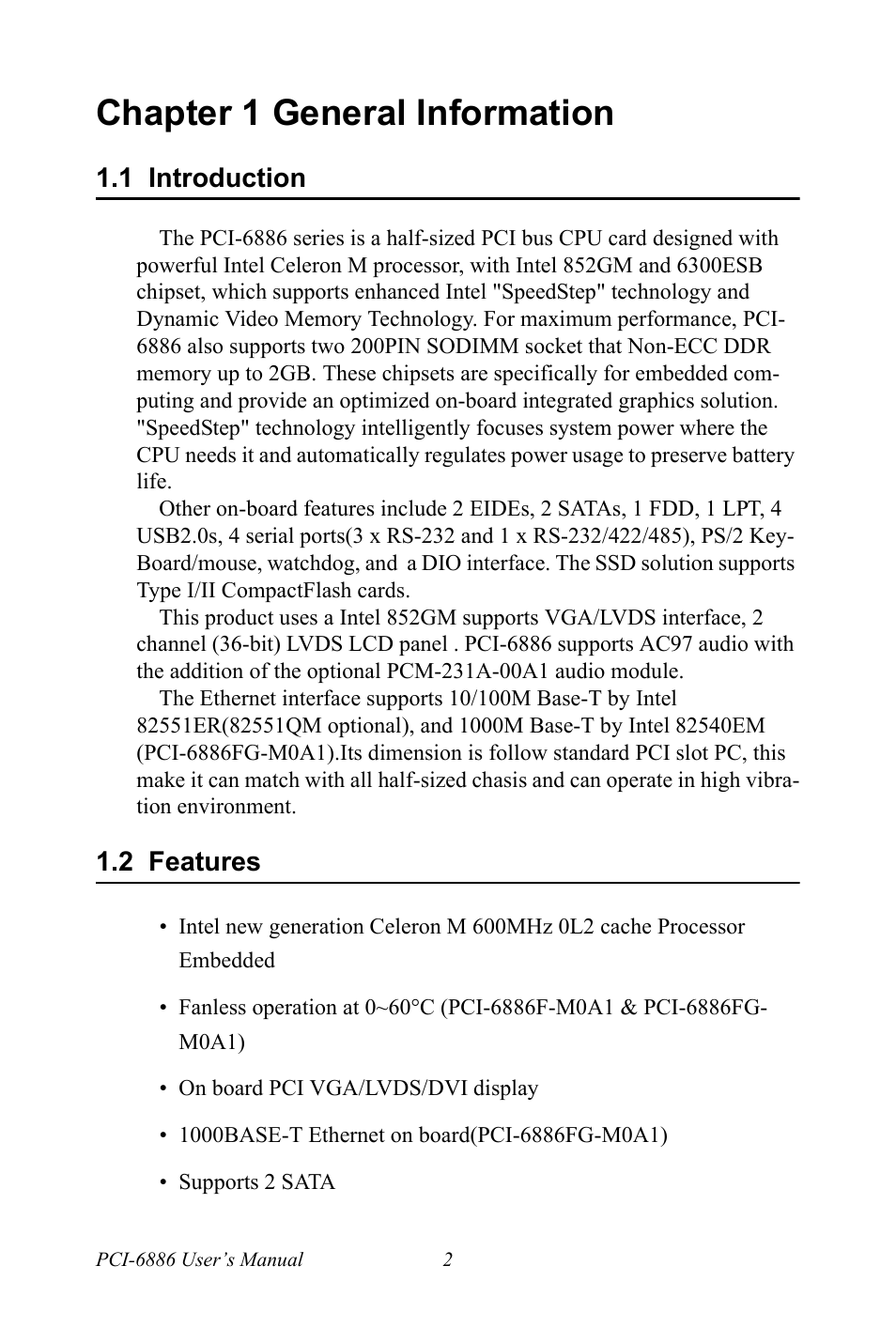 Chapter 1 general information, 1 introduction, 2 features | Chapter, 1 general information, Introduction, Features | Intel CELERON PCI-6886 User Manual | Page 12 / 102