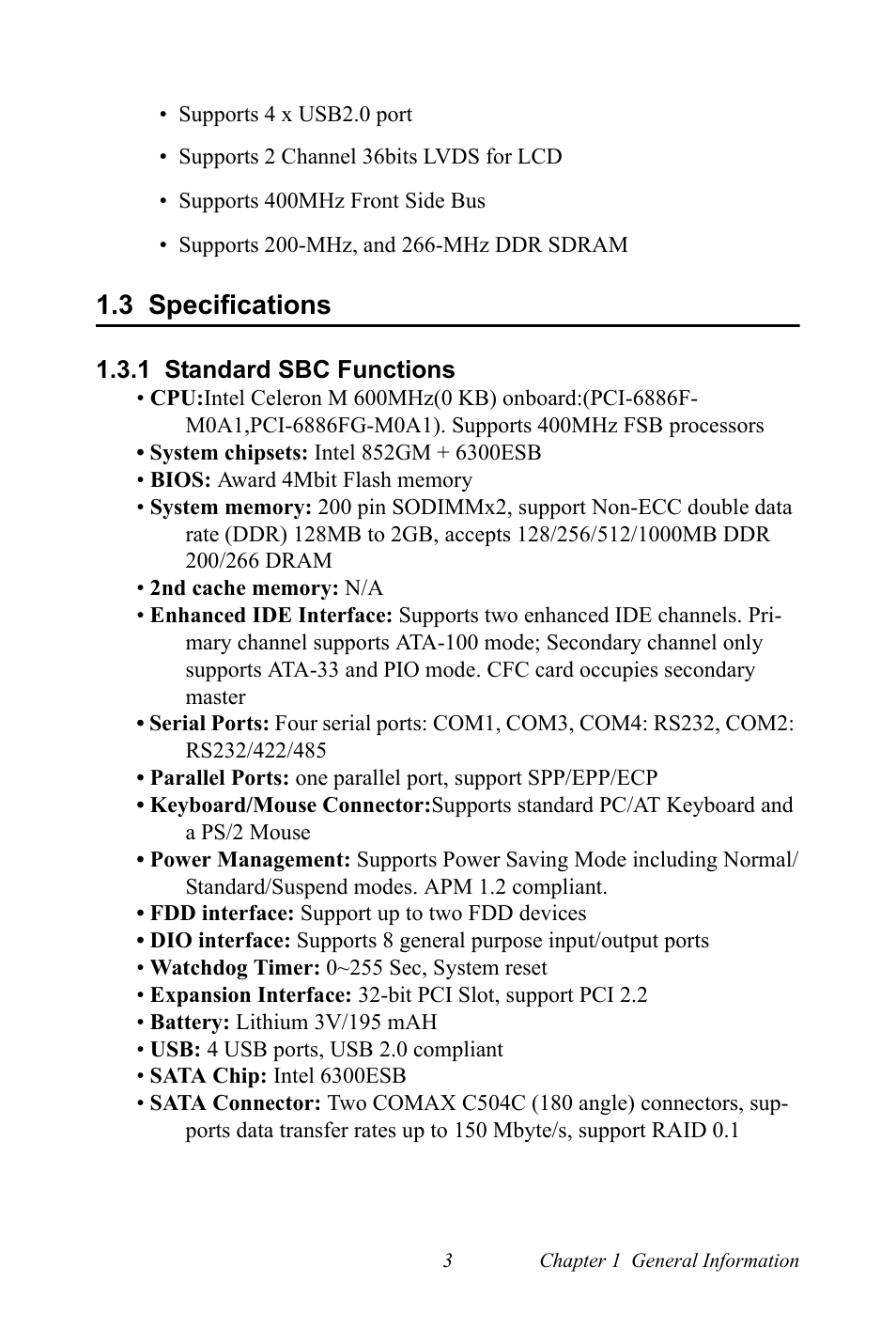 3 specifications, 1 standard sbc functions, Specifications | Standard sbc functions | Intel CELERON PCI-6886 User Manual | Page 13 / 102