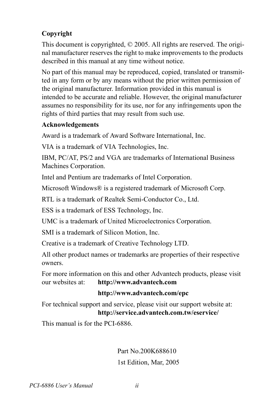 Intel CELERON PCI-6886 User Manual | Page 2 / 102