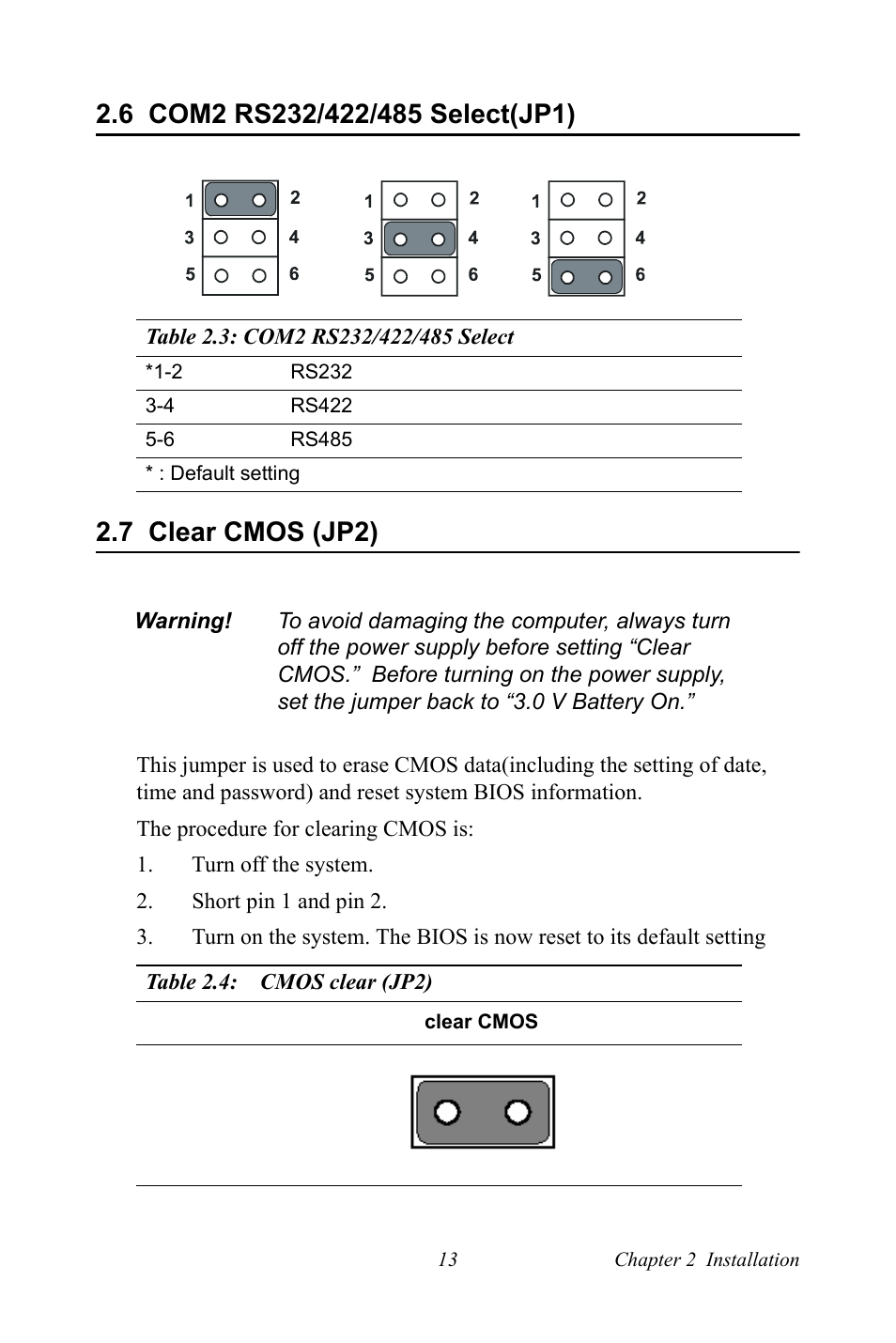 6 com2 rs232/422/485 select(jp1), 7 clear cmos (jp2), Com2 rs232/422/485 select(jp1) | Clear cmos (jp2) | Intel CELERON PCI-6886 User Manual | Page 23 / 102
