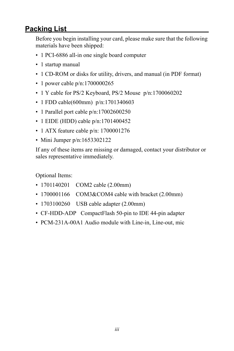 Packing list | Intel CELERON PCI-6886 User Manual | Page 3 / 102