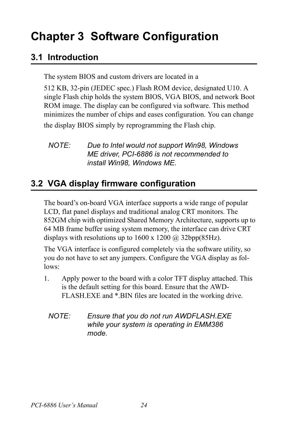 Chapter 3 software configuration, 1 introduction, 2 vga display firmware configuration | Chapter, 3 software configuration, Introduction, Vga display firmware configuration | Intel CELERON PCI-6886 User Manual | Page 34 / 102