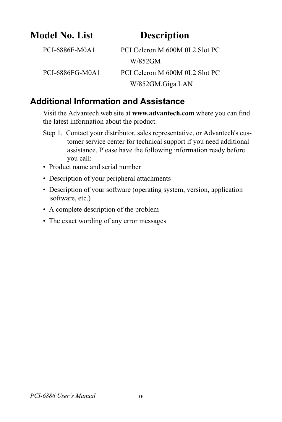 Model no. list description, Additional information and assistance | Intel CELERON PCI-6886 User Manual | Page 4 / 102