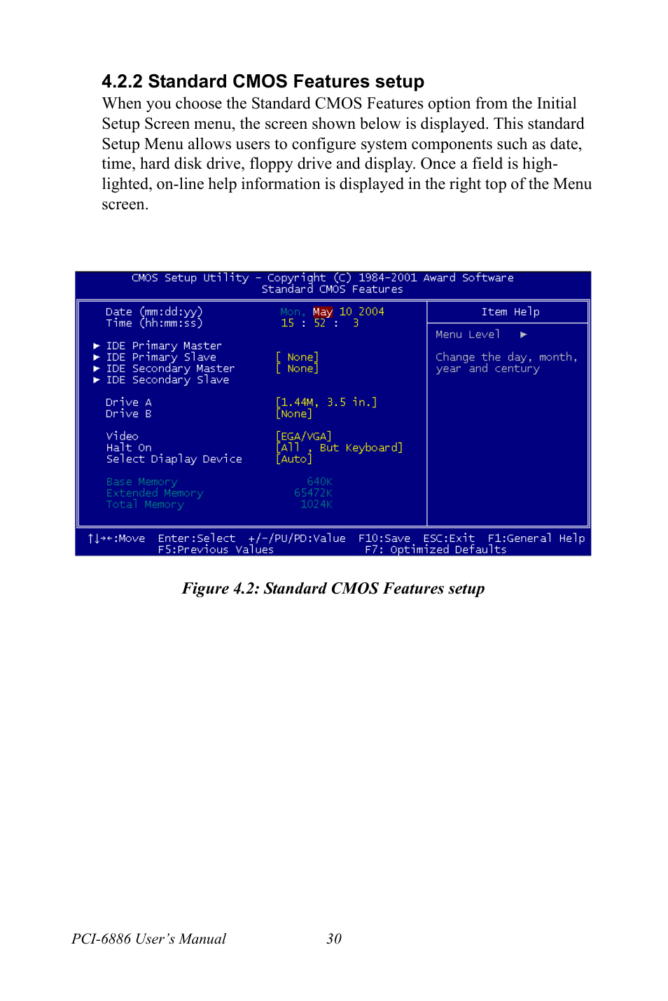 2 standard cmos features setup, Figure 4.2: standard cmos features setup | Intel CELERON PCI-6886 User Manual | Page 40 / 102