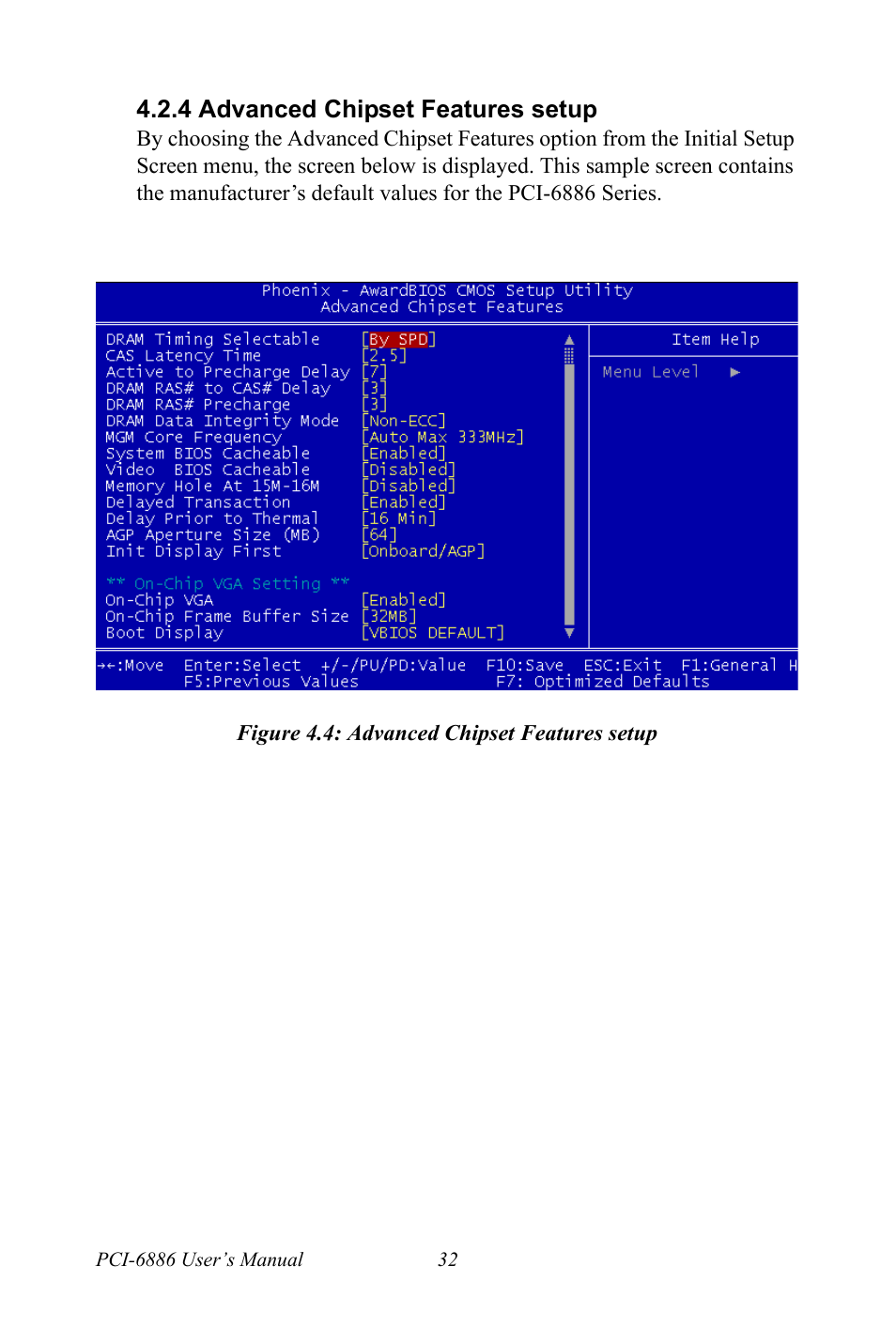 4 advanced chipset features setup, Figure 4.4: advanced chipset features setup | Intel CELERON PCI-6886 User Manual | Page 42 / 102