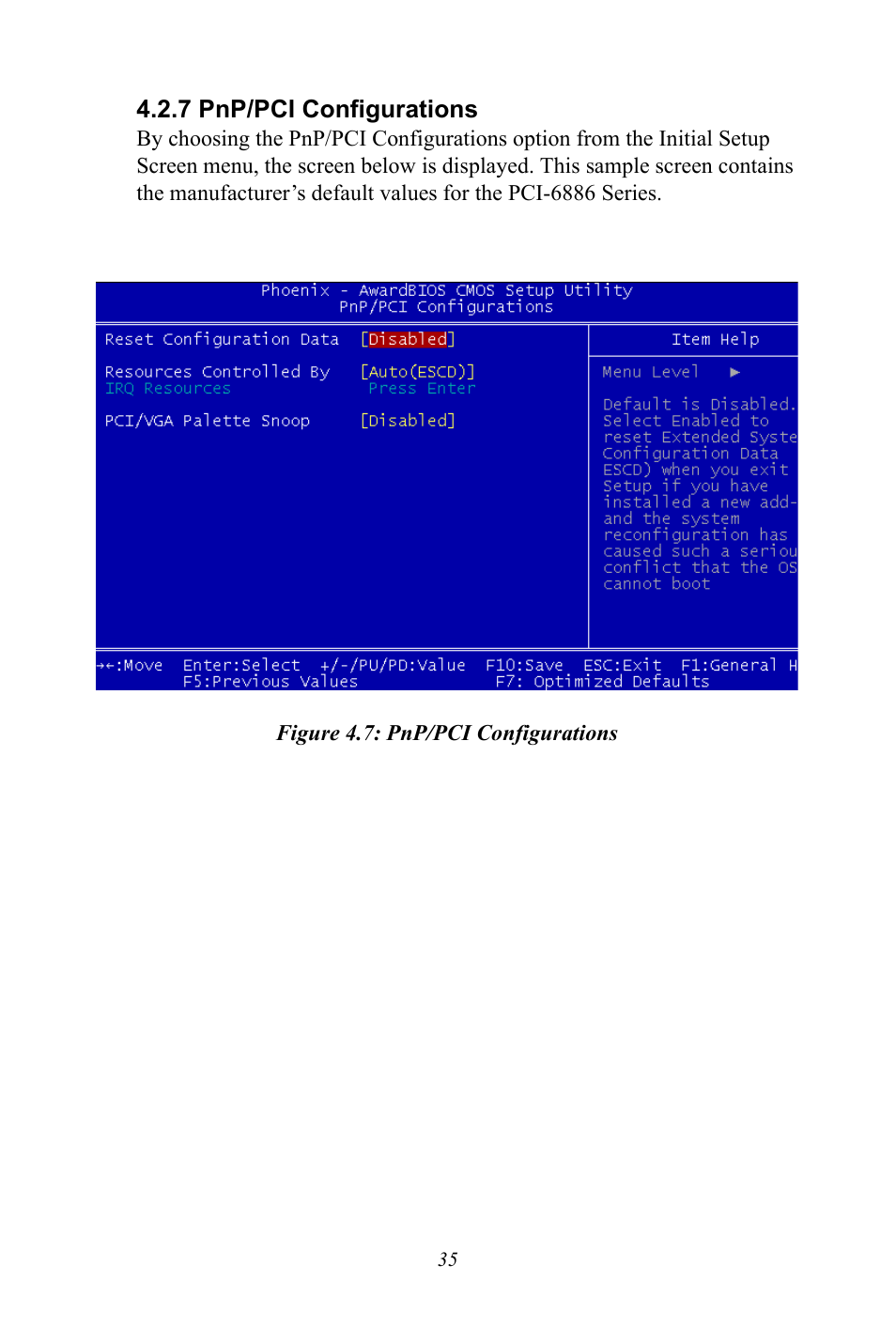 7 pnp/pci configurations, Figure 4.7: pnp/pci configurations | Intel CELERON PCI-6886 User Manual | Page 45 / 102