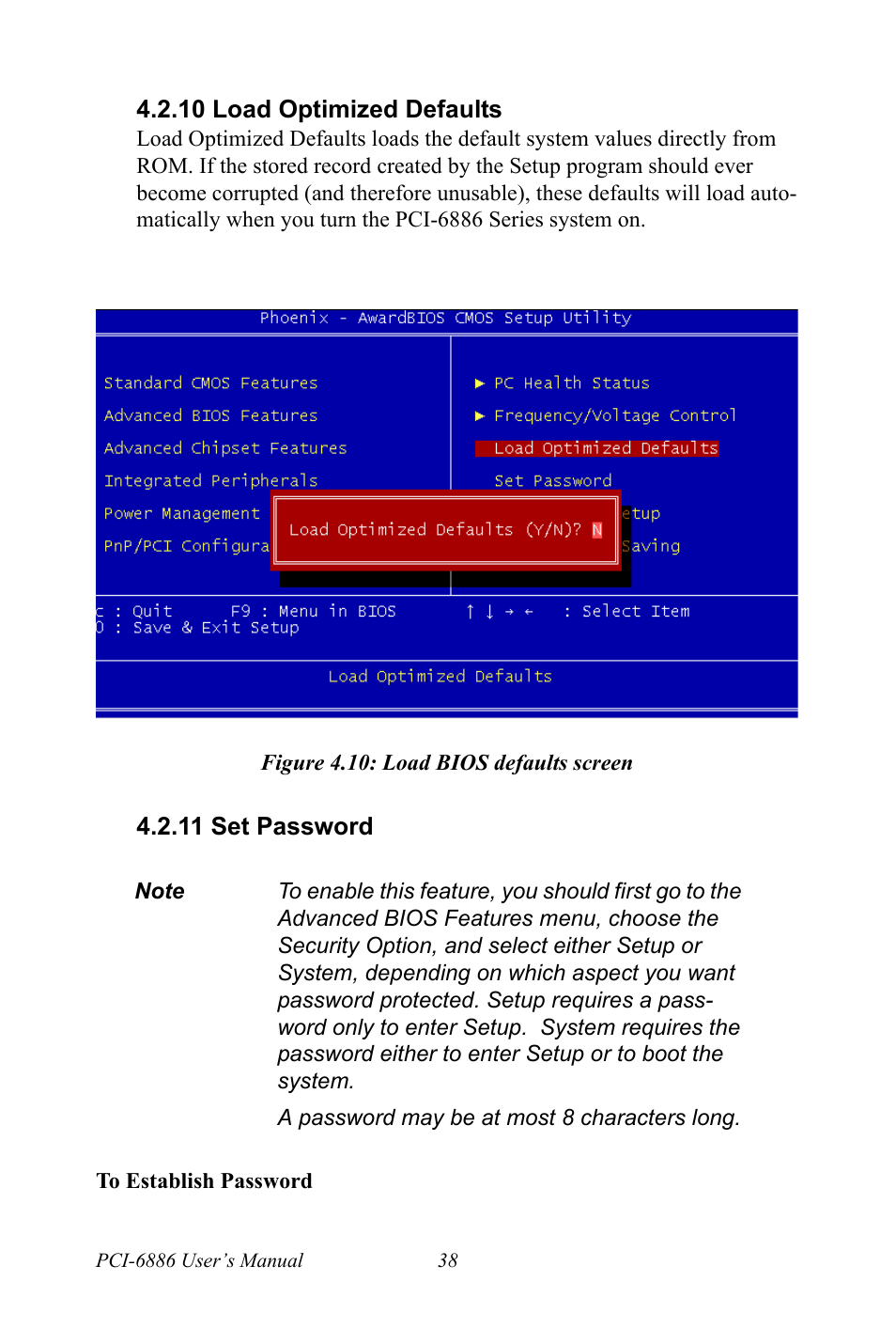 10 load optimized defaults, Figure 4.10: load bios defaults screen, 11 set password | Figure 4.10:load bios defaults screen | Intel CELERON PCI-6886 User Manual | Page 48 / 102