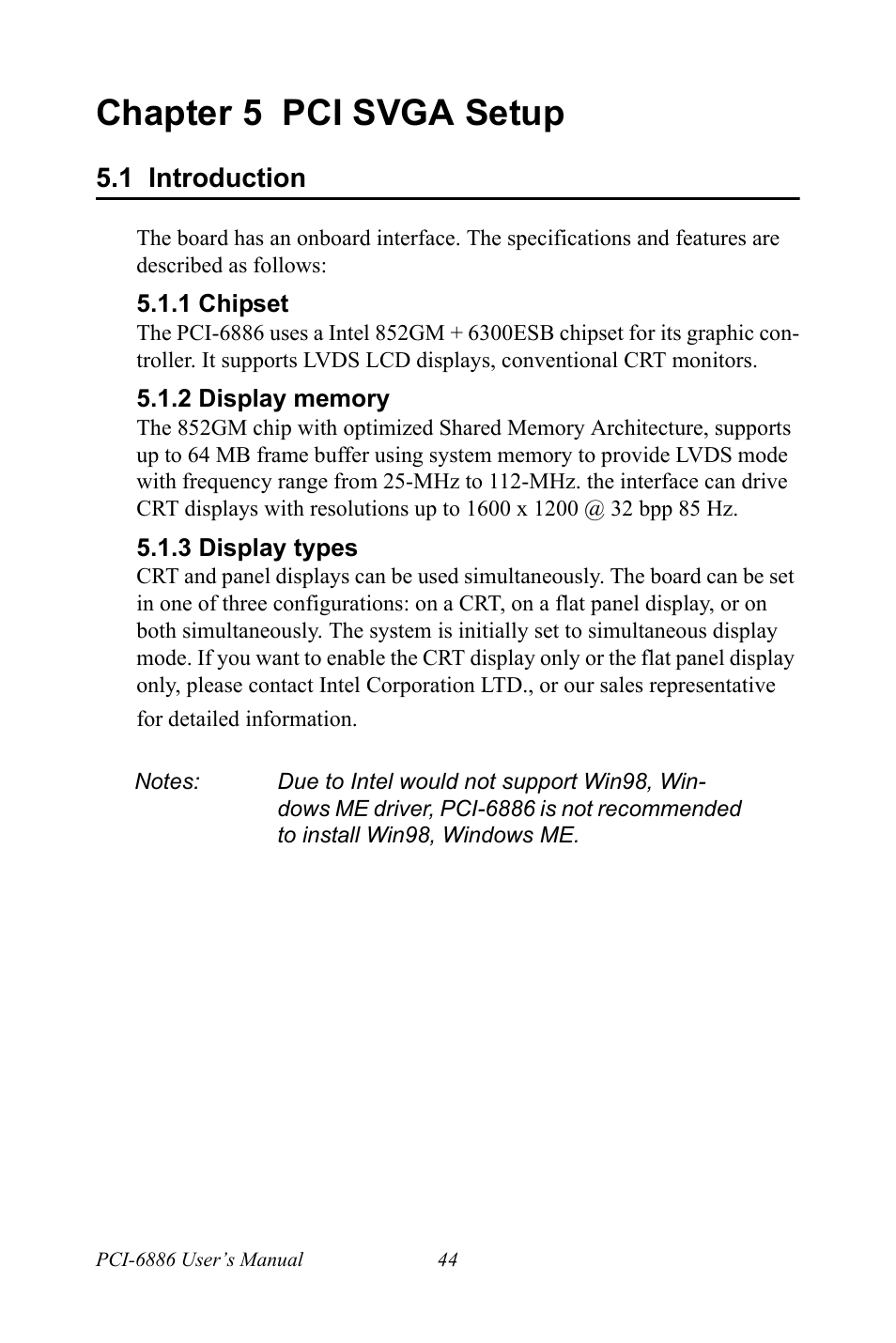 Chapter 5 pci svga setup, 1 introduction, 1 chipset | 2 display memory, 3 display types, Chapter, 5 pci svga setup, Introduction, Chipset, Display memory | Intel CELERON PCI-6886 User Manual | Page 54 / 102