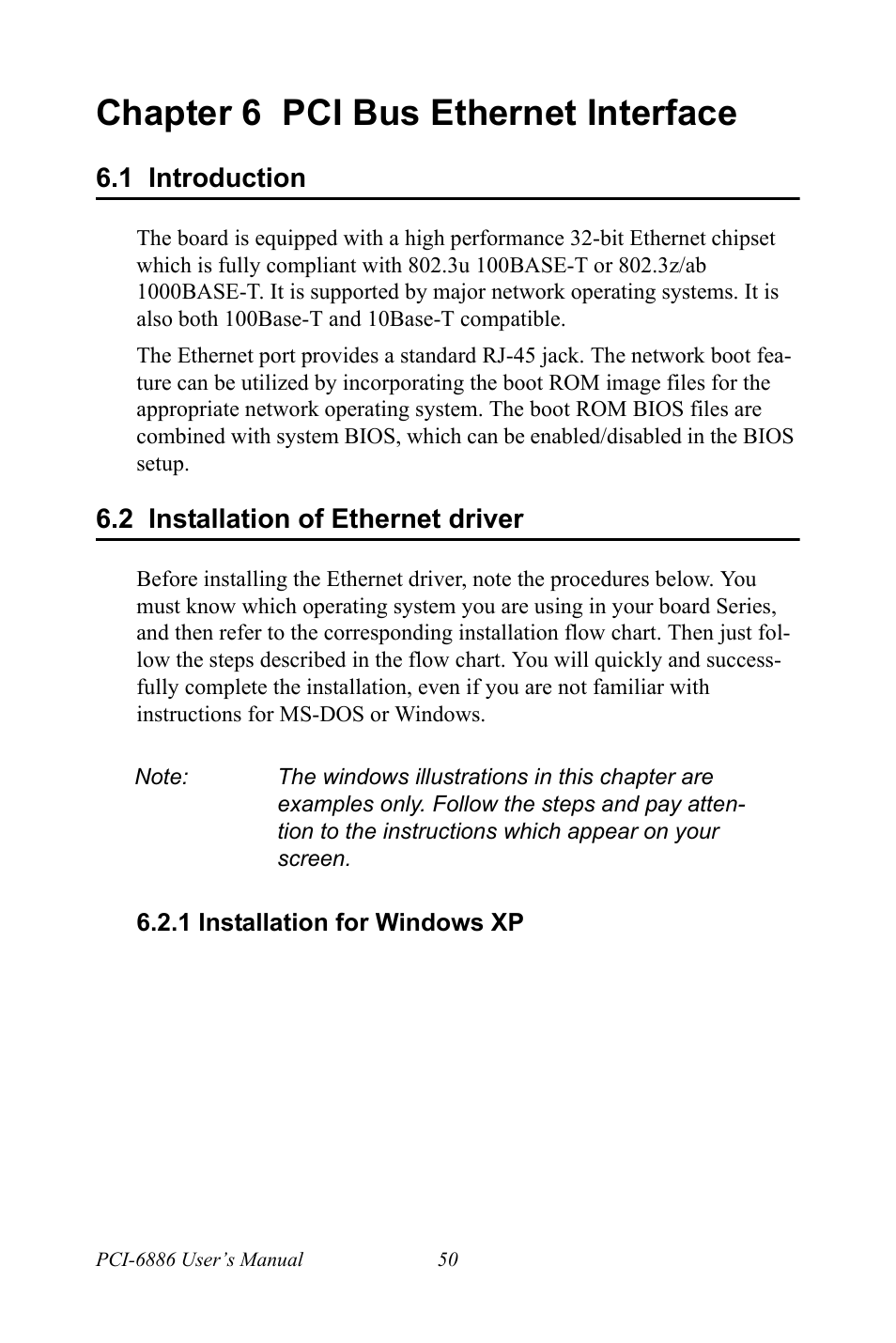 Chapter 6 pci bus ethernet interface, 1 introduction, 2 installation of ethernet driver | 1 installation for windows xp, Chapter, 6 pci bus ethernet interface, Introduction, Installation of ethernet driver, Installation for windows xp | Intel CELERON PCI-6886 User Manual | Page 60 / 102