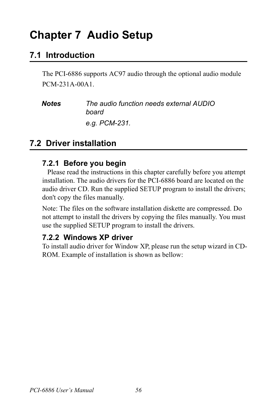 Chapter 7 audio setup, 1 introduction, 2 driver installation | 1 before you begin, 2 windows xp driver, Chapter, 7 audio setup, Introduction, Driver installation, Before you begin | Intel CELERON PCI-6886 User Manual | Page 66 / 102