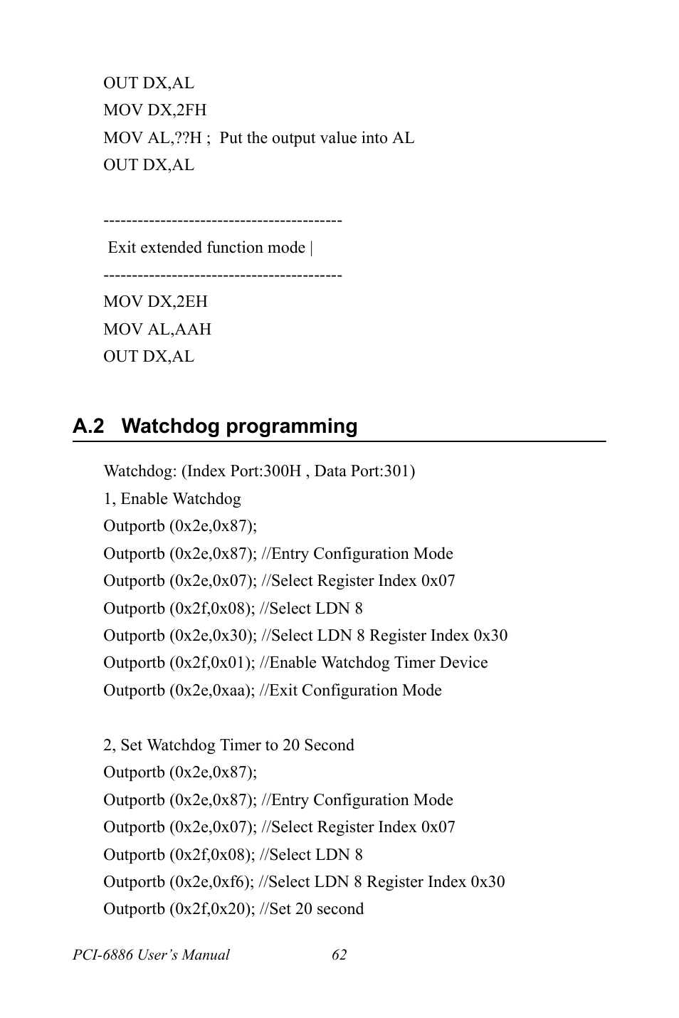 A.2 watchdog programming, Watchdog programming | Intel CELERON PCI-6886 User Manual | Page 72 / 102