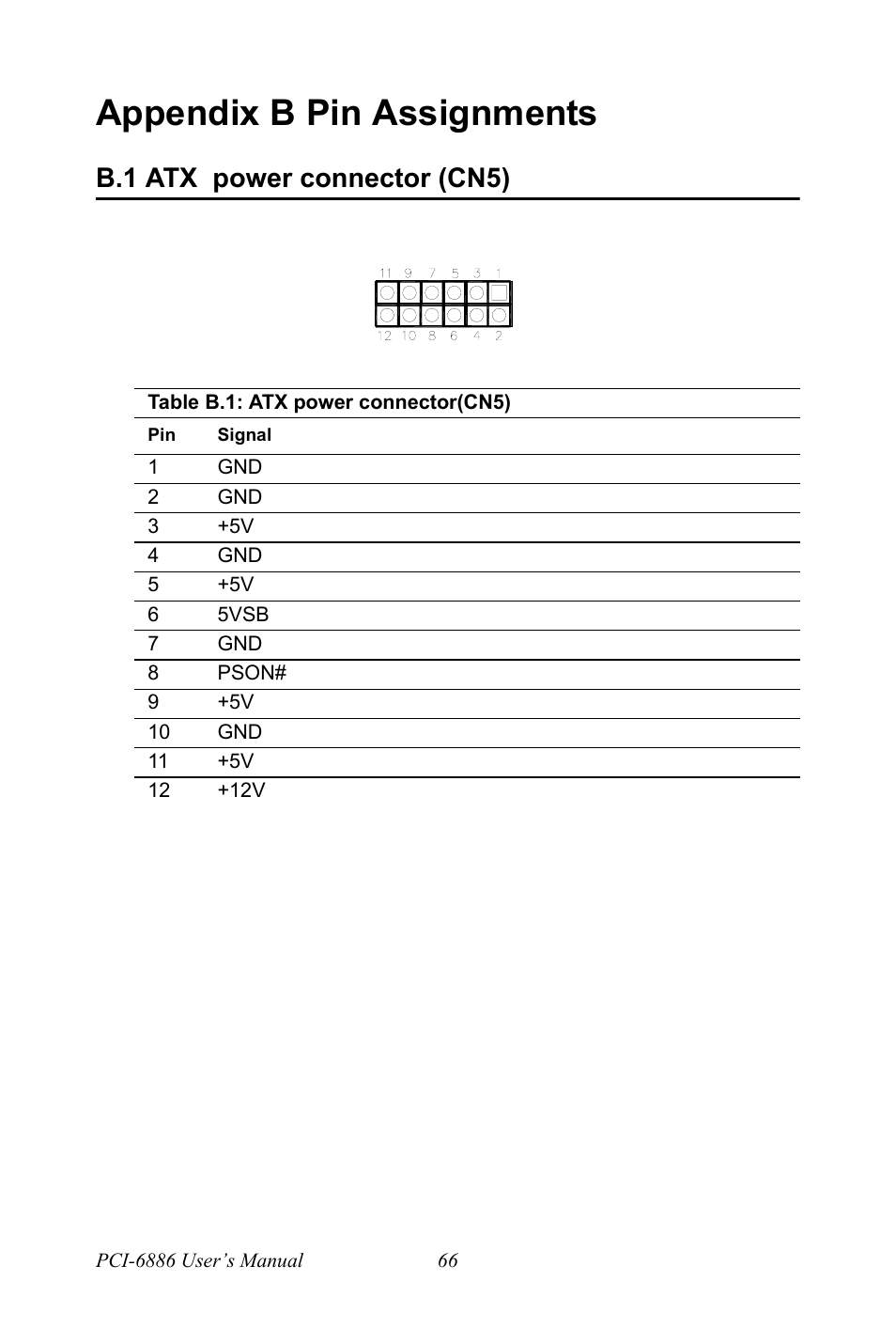 Appendix b pin assignments, B.1 atx power connector (cn5), Table b.1: atx power connector(cn5) | Atx power connector (cn5), Table b.1:atx power connector(cn5) | Intel CELERON PCI-6886 User Manual | Page 76 / 102