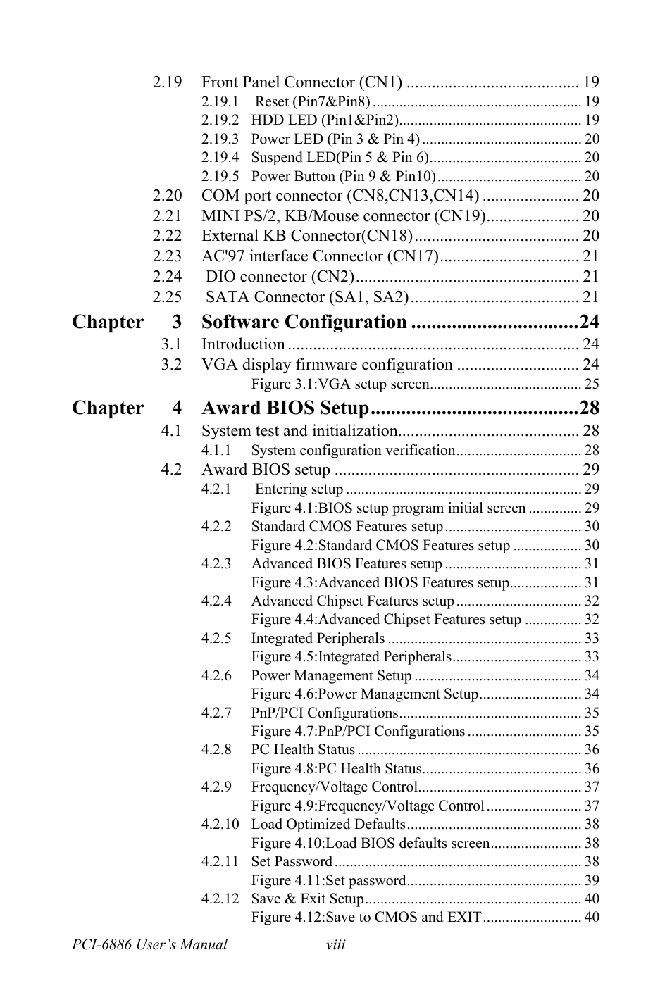 Chapter 3 software configuration, Chapter 4 award bios setup | Intel CELERON PCI-6886 User Manual | Page 8 / 102